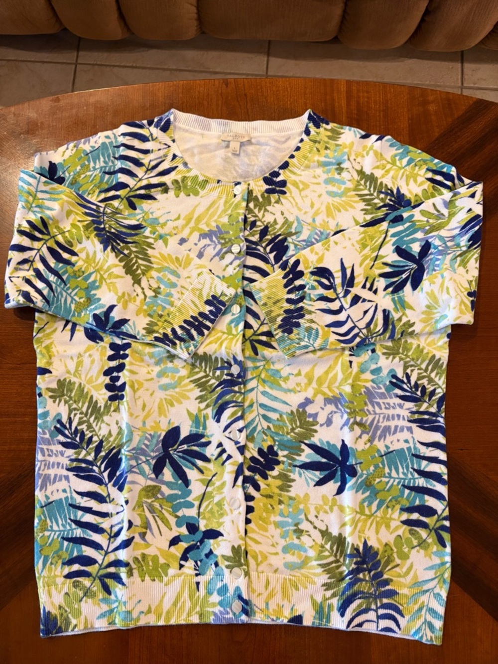 Talbots Women’s Tropical Leaf Print Button Cardigan - Blue & Green